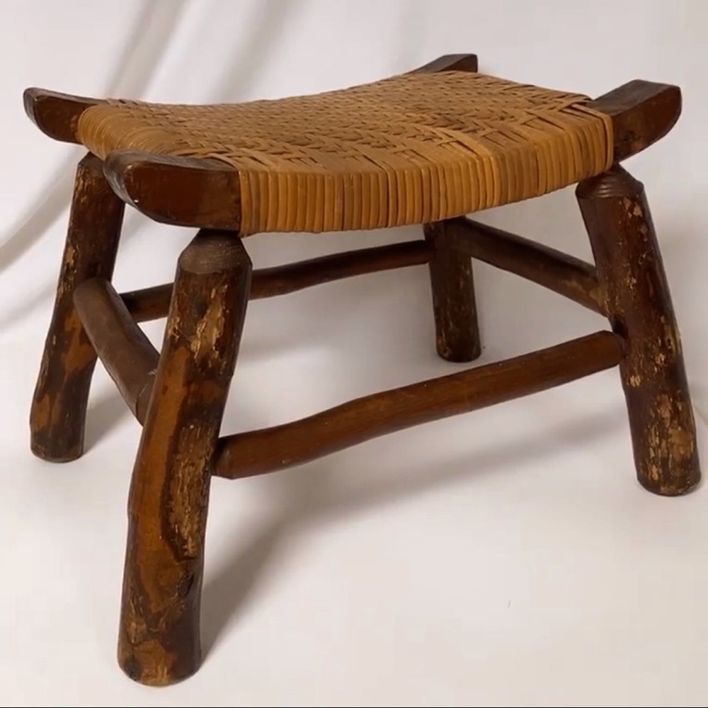 Antique Japanese saddle stool solid wood w/ woven rattan seat